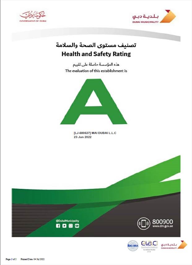 Mai Dubai Receives Two Grade A Certifications From Dubai Municipality 